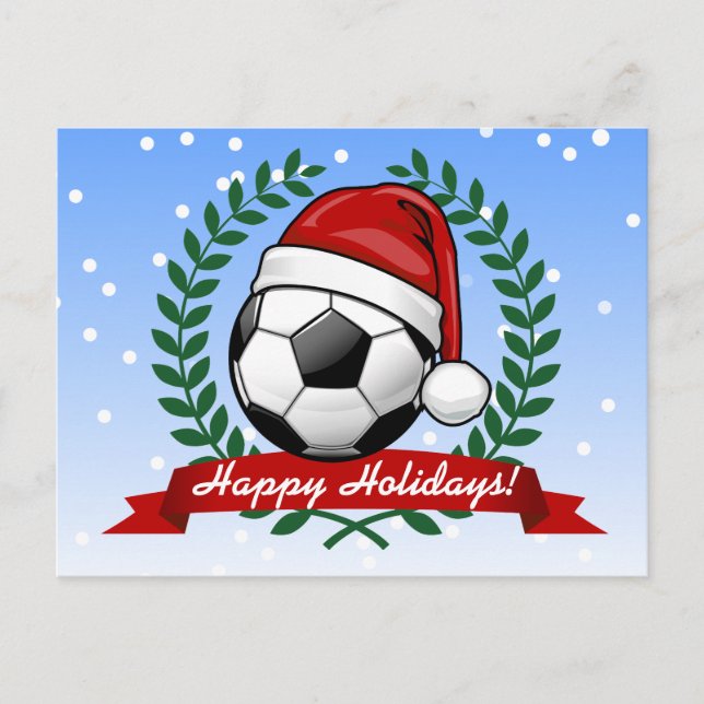 Cartão Postal De Festividades Bola de futebol Vestindo o Natal (Frente)
