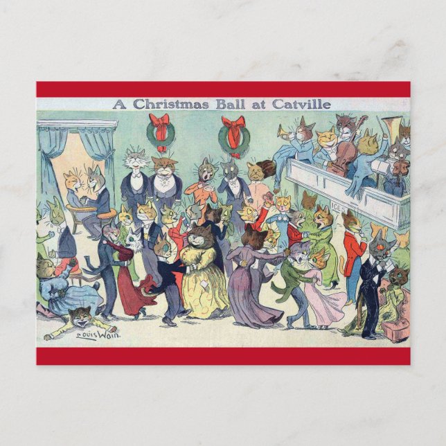 Cartão Postal De Festividades Bola de Natal em Catville, Louis Wain (Frente)