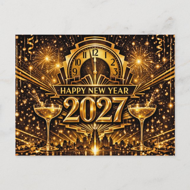 Cartão Postal De Festividades Bold Gold Art Deco City New Year 2027 (Frente)