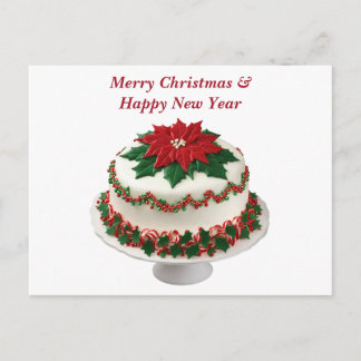 Cartão Postal De Festividades Bolo de Natal Poinsettia Vermelha Feliz Natal
