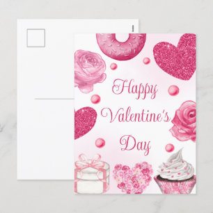 Cartão Postal De Festividades Bolos e Guloseimas Rosa Aquarela Dia dos Namorados