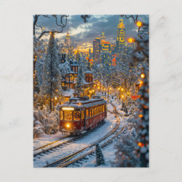 Cartão Postal De Festividades Bonde miniatura em cidade invernal nevada