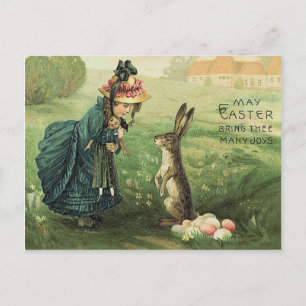 Cartão Postal De Festividades Boneca de menina vitoriana fofa coelho de Páscoa