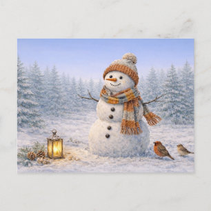 Cartão Postal De Festividades Boneco de Neve Aconchegante em Aquarela com Pássar