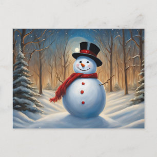 Cartão Postal De Festividades Boneco de Neve de Natal na Floresta
