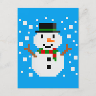 Cartão Postal De Festividades Boneco de Neve em Pixel Art