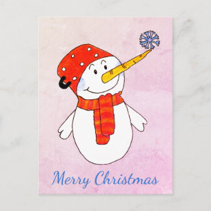 Cartão Postal De Festividades Boneco de Neve Fofo com um Floco de Neve Rosa Feli