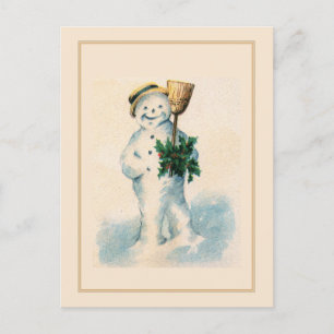 Cartão Postal De Festividades Boneco de Neve Sorridente Azevinho Vassoura Natal 