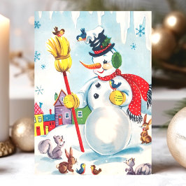 Cartão Postal De Festividades Boneco de Neve Vintage e Animais da Floresta Fofo 