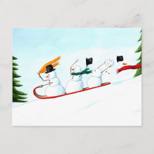 Cartão Postal De Festividades Bonecos de neve em um trenó