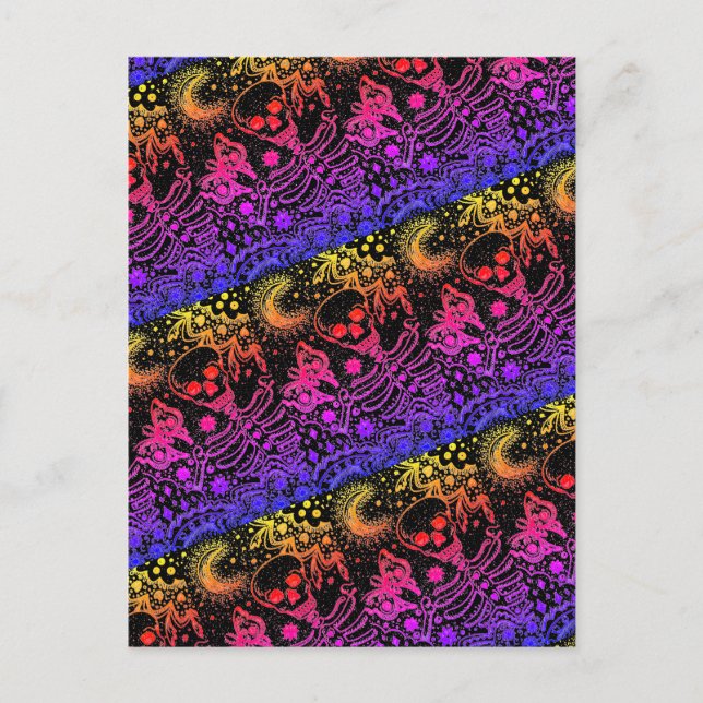 CARTÃO POSTAL DE FESTIVIDADES BONES IN THE GARDEN SKELETON, FOLK ART MOON MOTH H (Frente)