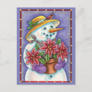 Cartão Postal De Festividades Bonita boneca de Natal Snowman com Poinsettia
