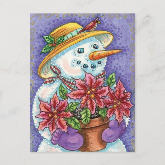 Cartão Postal De Festividades Bonita Garota de Natal Snowman com Poinsettia (Frente)