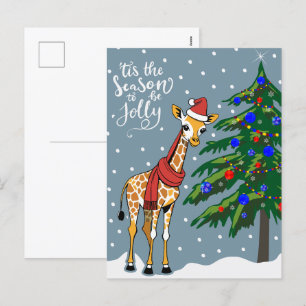 Cartão Postal De Festividades Bonita Girafa Beanie e Scarf com árvore de Natal