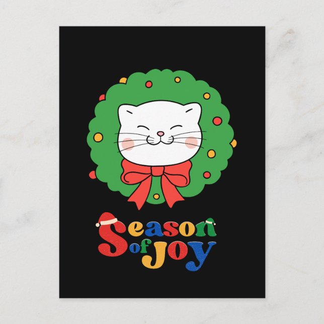 Cartão Postal De Festividades Bonita Kawaii Cat Wreath Season of Joy (Frente)