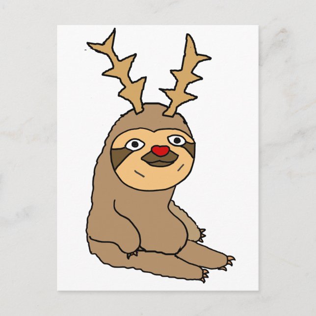 Cartão Postal De Festividades Bonita preguiça com Reindeer Antlers Arte de Natal (Frente)