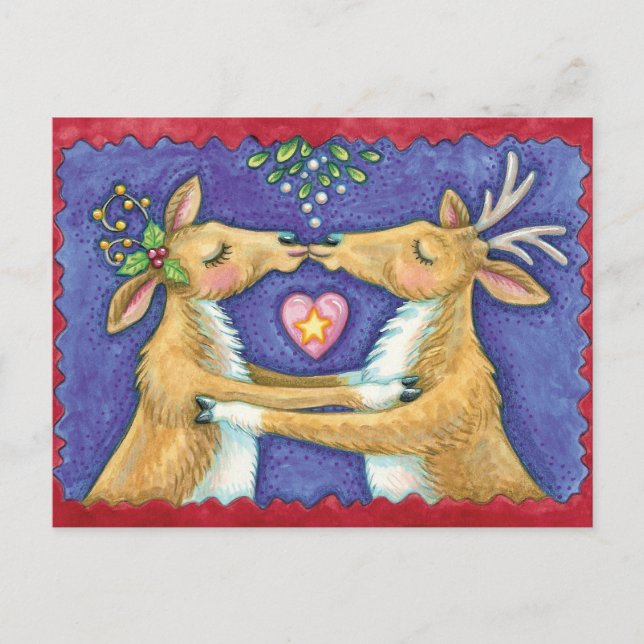 Cartão Postal De Festividades Bonita Reindeer de Natal, Romântico Beijo w Mistle (Frente)