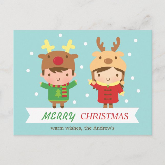 Cartão Postal De Festividades Bonitas Reindeer Crianças Felizes Saudações de Nat (Frente)