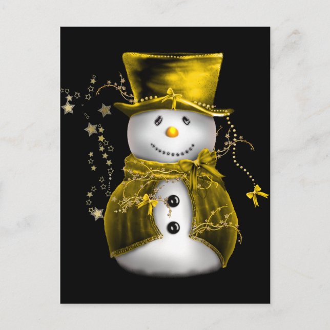 Cartão Postal De Festividades Bonito boneco de neve no Dourado Velvet Natal (Frente)