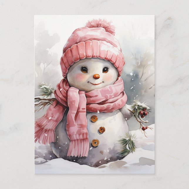 Cartão Postal De Festividades Bonito boneco de neve rosa (Frente)