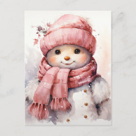 Cartão Postal De Festividades Bonito boneco de neve rosa
