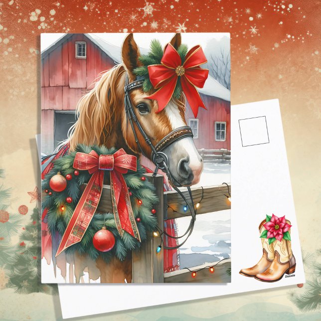 Cartão Postal De Festividades Bonito Cavalo Marrom no Natal Arco Vermelho (Criador carregado)