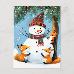 Cartão Postal De Festividades Bonito Homem de Neve da Floresta de Inverno Raposa