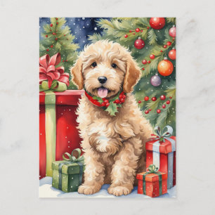 Cartão Postal De Festividades Bonito Natal Labradoodle Puppy com presentes