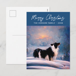 Cartão Postal De Festividades Border Collie em Paisagem Nevada de Natal