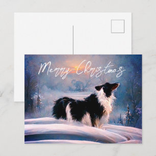 Cartão Postal De Festividades Border Collie na Paisagem de Neve de Inverno Natal