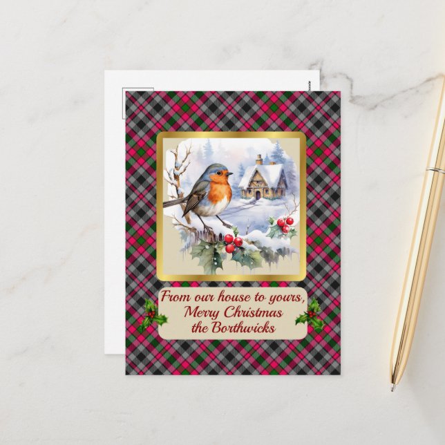Cartão Postal De Festividades Borthwick Crest & Tartan w/Robin Personalizado (Frente/Verso In Situ)