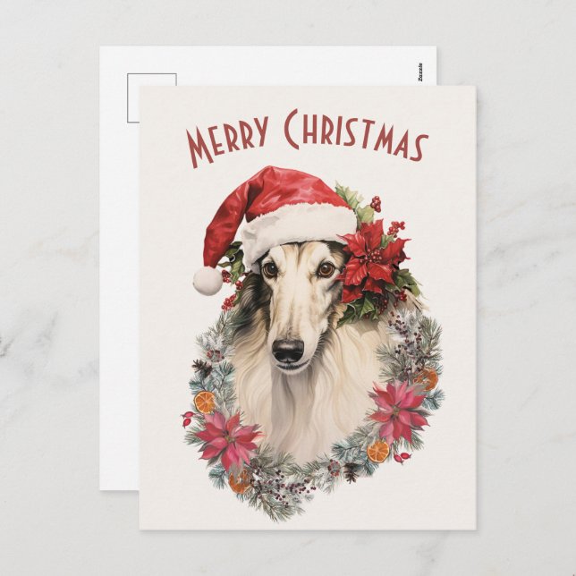 Cartão Postal De Festividades Borzoi Dog Santa Hat Red Poinsettias Natal (Frente/Verso)