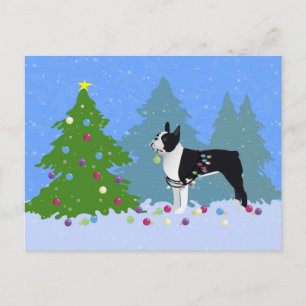 Cartão Postal De Festividades Boston Terrier na Floresta de Natal