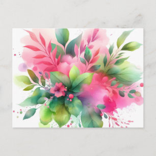 Cartão Postal De Festividades Botânico Florido Aquarela Rosa Verde