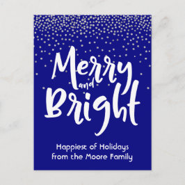Cartão Postal De Festividades Branco Alegre e Brilhante sobre Confetes Navy e Pr