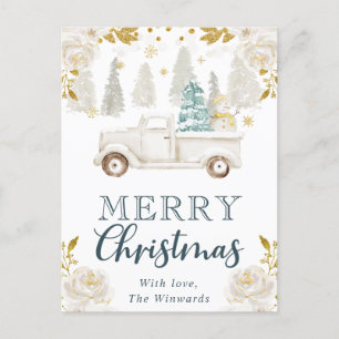 Cartão Postal De Festividades Branco de Inverno e Caminhão Dourado Floral Natal