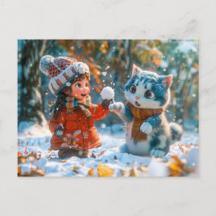 Cartão Postal De Festividades Briga de Bola de Neve com Meu Gato