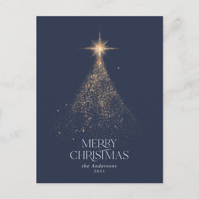 Cartão Postal De Festividades Brilho de purpurina dourada azul moderno Natal Fer (Frente)