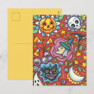 CARTÃO POSTAL DE FESTIVIDADES BRINCADEIRA, GATO, FANTASMA, COLORIDA HALLOWEEN FO