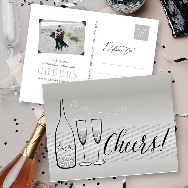 Cartão Postal De Festividades Brinde de Champanhe Prateado Espumante Ano Novo El (Silver Champagne Cheers Bubbly Stylish New Year Holiday Postcard @ fat_fa_tin)