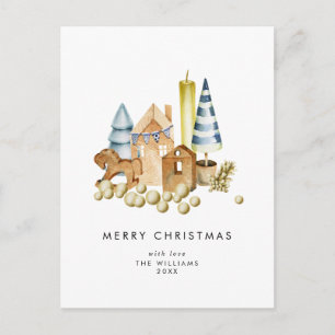 Cartão Postal De Festividades Brinquedos de Natal em Aquarela Retro