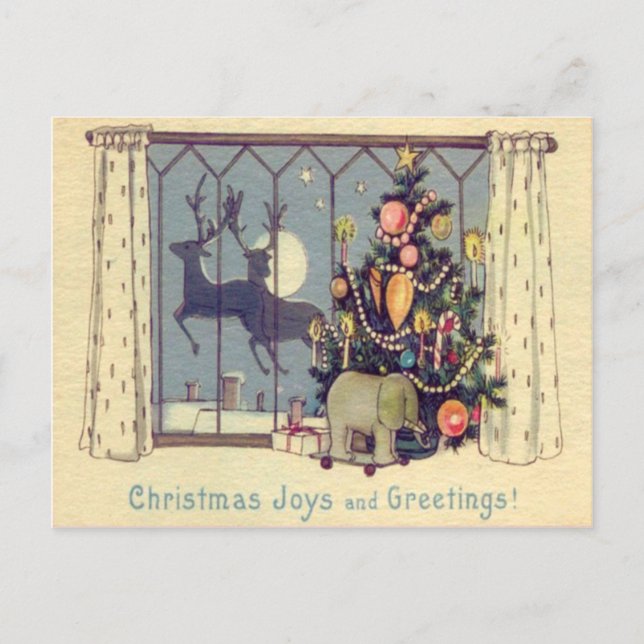 Cartão Postal De Festividades Brinquedos de rena de árvore natalícia, lua cheia (Frente)