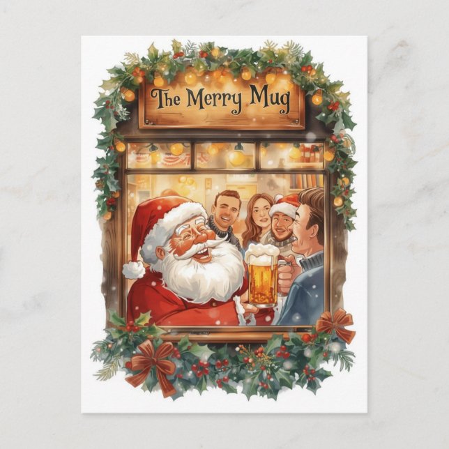 Cartão Postal De Festividades British Christmas Card with Santa Claus at Pub (Frente)
