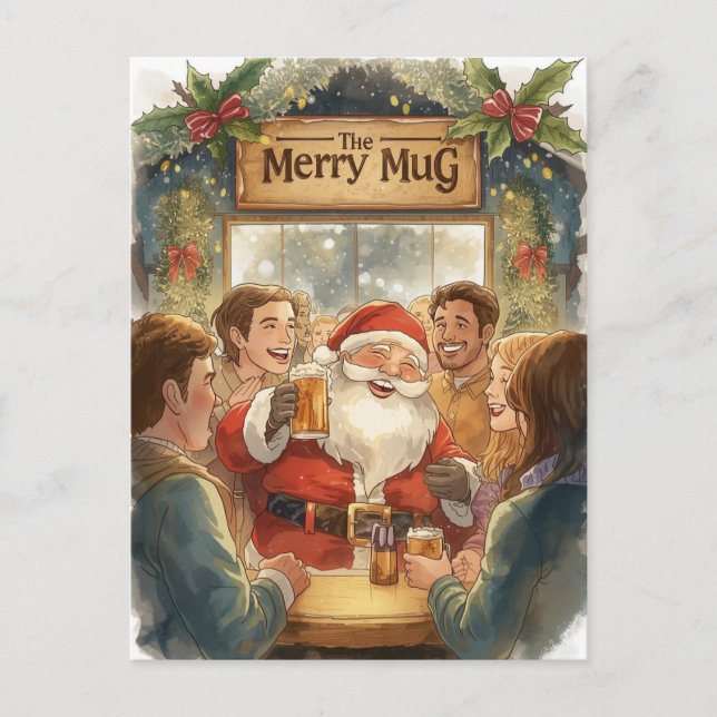 Cartão Postal De Festividades British Christmas Card with Santa Claus at Pub (Frente)