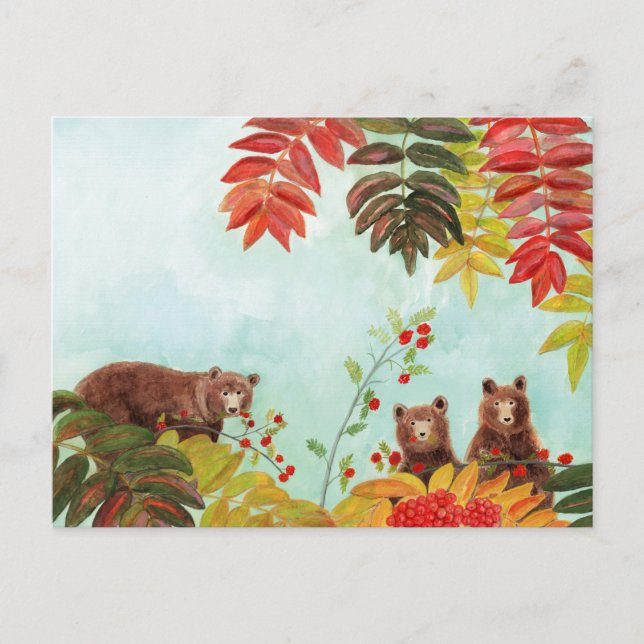 Cartão Postal De Festividades Brown Bears Comendo Berries Rowan Vermelho (Frente)