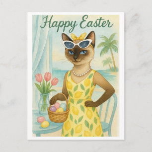 Cartão Postal De Festividades Brunch de Páscoa Gato em Vestido de Limão