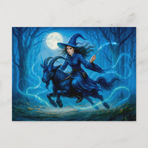 Cartão Postal De Festividades Bruxa cavalgando uma cabra através da floresta lua
