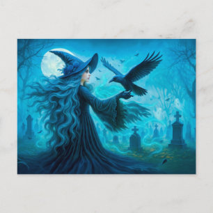 Cartão Postal De Festividades Bruxa com corvo em cemitério ao luar