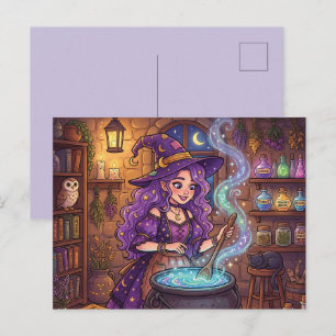 Cartão Postal De Festividades Bruxa de Desenho Animado Fazendo Poção do Amor