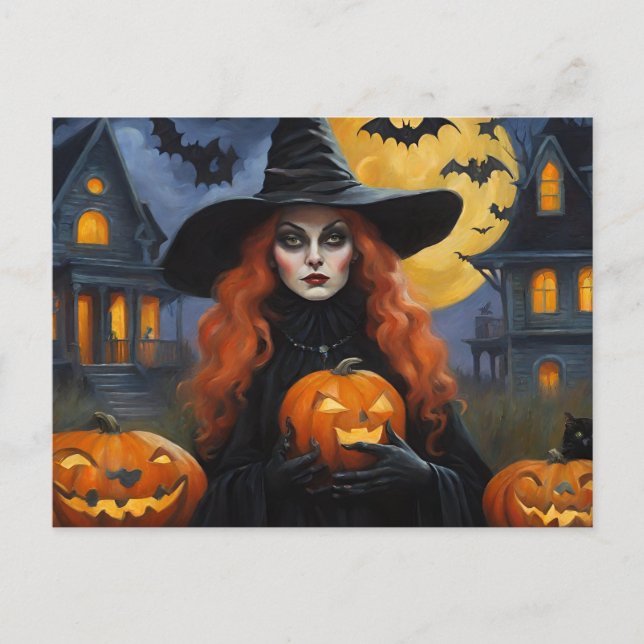 Cartão Postal De Festividades Bruxa de Halloween com Ilustração Jack O'Lantern (Frente)